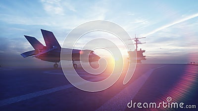 F-35 fighter takes off vertically from the aircraft carrier at sunrise. 3D Rendering Stock Photo