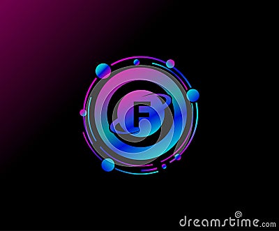 F Letter Design. Modern ring planet with line of orbit. Colorful abstract geometry planet logo Stock Photo