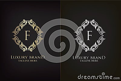 F Letter Luxury Frame Decoration Initial Logo, Elegance Gold and Silver Ornate Emblem Decorative Frame for wedding or boutique Vector Illustration