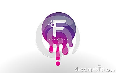 F Letter Splash Logo. Purple Dots and Bubbles Letter Design Vector Illustration