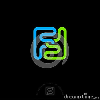 F and F letters. Double F monogram consist of green and blue lines. Vector Illustration