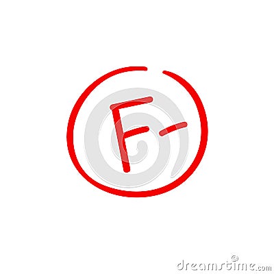 F minus examination result grade red latter mark. Vector Illustration