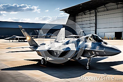 F-22 Raptor Stationed within the Shadowy Confines of a Vast Military Hangar: Spotlights Cascading Dramatic Illumination Stock Photo