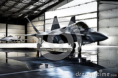 F-22 Raptor Stationed within the Shadowy Confines of a Vast Military Hangar: Spotlights Cascading Dramatic Illumination Stock Photo
