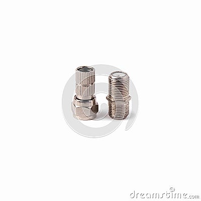 F-rg6 f-type side and f female connector isolated on white background. Close up Stock Photo