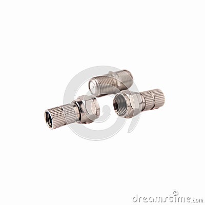F-rg6 f-type side and f female connector isolated on white background. Close up Stock Photo