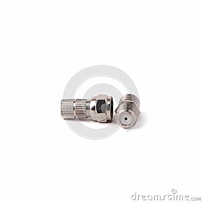 F-rg6 f-type side and f female connector isolated on white background. Close up Stock Photo