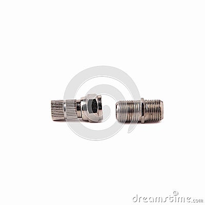 F-rg6 f-type side and f female connector isolated on white background. Close up Stock Photo
