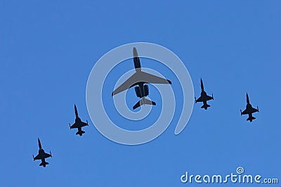 F5s escorting Gulfstream AEW during NDP 2010 Editorial Stock Photo