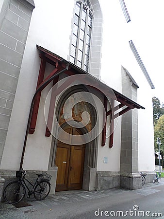 Façade of the Jesuit church in the Swiss city of Lucerne. Editorial Stock Photo