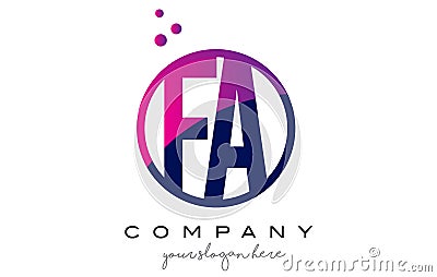 FA F A Circle Letter Logo Design with Purple Dots Bubbles Vector Illustration