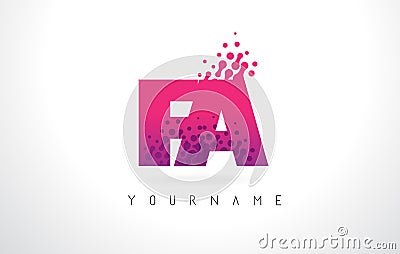 FA F A Letter Logo with Pink Purple Color and Particles Dots Design. Vector Illustration