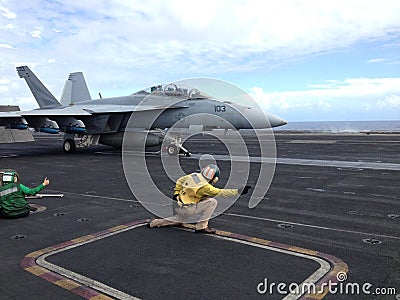 FA-18 Jet on Aircraft Carrier Editorial Stock Photo