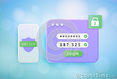 2FA 2-step authentication 3d vector concept. Two steps Verification SMS code with password for secure access your Vector Illustration