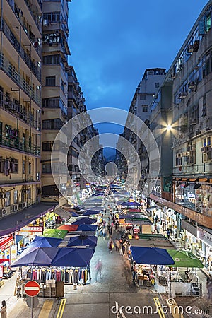 Fa Yuen street market in the Mongkok district, viewed from an overhead walkway. Mongkok in Editorial Stock Photo