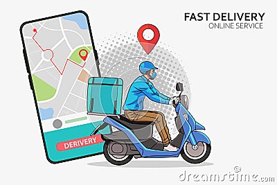 Faast delivery service by scooter with courier Fast delivery man with motorcycles Vector Illustration