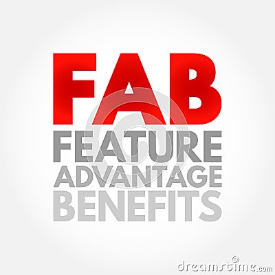 FAB Feature Advantage Benefits - product's traits, while advantage describes what the product or service does, acronym text Stock Photo