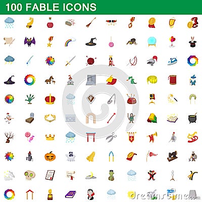 100 fable icons set, cartoon style Vector Illustration