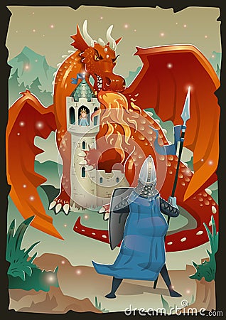 Fable scene with dragon, medieval castle, princess and knight. Flat vector illustration, vertical. Vector Illustration