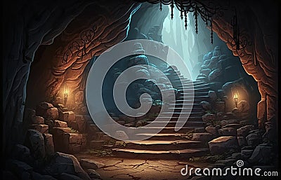 Fabled mystery Deep Mountain's stone cave stairs Cartoon Illustration