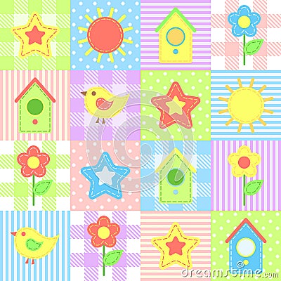 Fabric applique stitched on the colorful patchwork background: the sun, bird, birdhouse, flower. Vector seamless pattern Vector Illustration