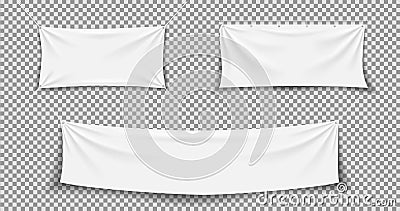 Fabric banner. White textile banner. Hanging, stretch cloth flag. Fabric canvas with rope. Blank horizontal mockup of poster. Vector Illustration