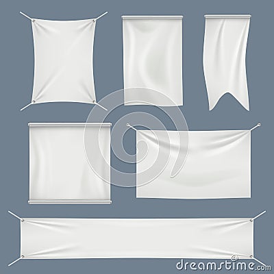 Fabric banners. White textile flag clothes cotton vector realistic empty banners collection isolated Vector Illustration
