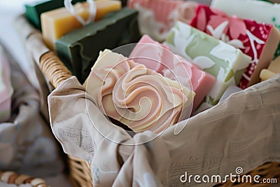 fabric basket with a selection of handmade soaps and lotions Stock Photo