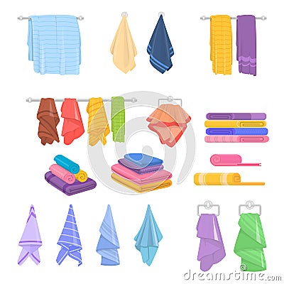 Fabric cartoon bath towels. Isolated towel, bathtub rag icons. Colorful hanging fabric, beach, hotel or spa textile Vector Illustration