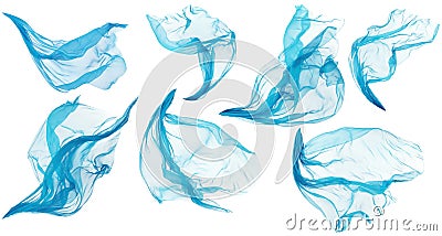 Fabric Cloth Flowing Flying, Cyan Silk Set of Textile White Stock Photo