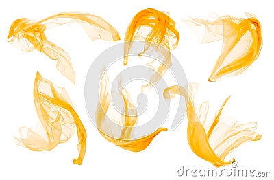 Fabric Cloth Flowing on Wind, Flying Blowing Yellow Silk, White Isolated Stock Photo