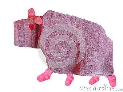 Textile collage. Beautiful pink towel pig on a white background. Stock Photo