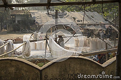 Fabric drying at an old fabric factory in Mandalay, Burma Editorial Stock Photo