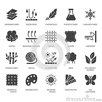 Fabric feature, clothes material vector flat glyph icons. Garment property symbols. Cotton wool, waterproof, wind Vector Illustration