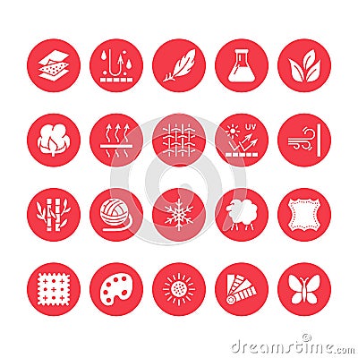 Fabric feature, clothes material vector flat glyph icons. Garment property symbols. Cotton wool, waterproof, wind Vector Illustration