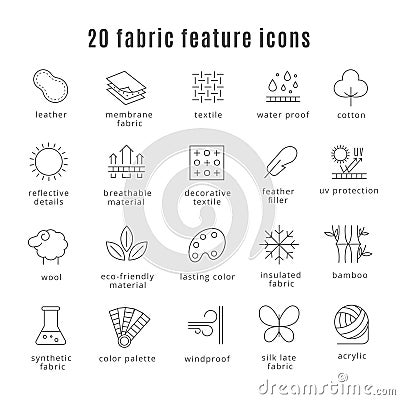 Fabric feature line icons. Comfort wear and lightweight, synthetic clothes wool waterproof clothing signs Vector Illustration