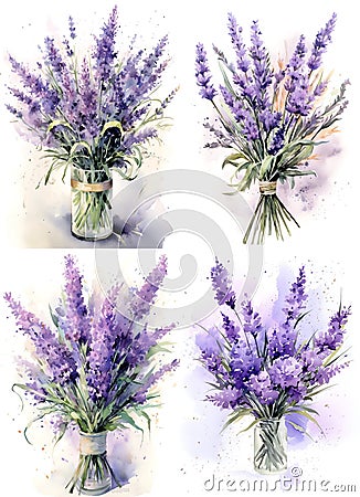 a set of four bouquets of wildflowers on a white background, an isolated background, Stock Photo
