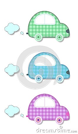 Fabric or paper plaid stickers of green, blue and pink cars Vector Illustration