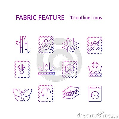 Fabric properties outline icons set. Textile industry. Easy care, breathable material Vector Illustration