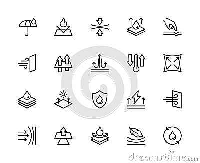 Fabric properties related vector linear icons set. Contains such icons as waterproof, elasticity, stretch, softness and more Stock Photo