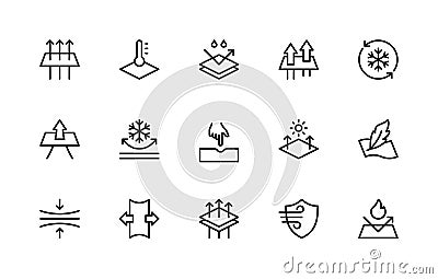 Fabric properties related vector linear icons set. Isolated icon collection such as stretch, softness, density, lightness and more Stock Photo