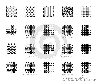 Fabric sample flat line icons set. Weave types, different clothing materials, textile swatch, animal print, cotton Vector Illustration