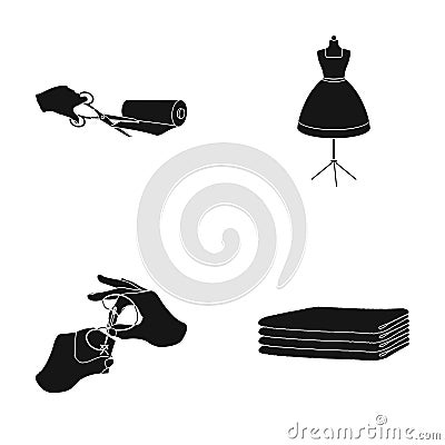 Fabric, scissors for cutting fabrics, hand sewing, dummy for clothes. Sewing and equipment set collection icons in black Vector Illustration