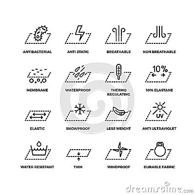 Fabric textile properties thin line vector icons Vector Illustration