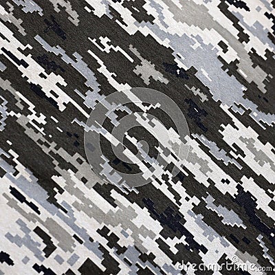 Fabric with texture of Ukrainian military pixeled camouflage. Cloth with camo pattern in grey, brown and green pixel shapes. Stock Photo