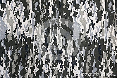 Fabric with texture of Ukrainian military pixeled camouflage. Cloth with camo pattern in grey, brown and green pixel shapes. Stock Photo