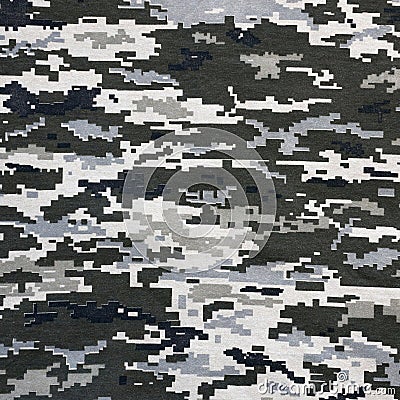 Fabric with texture of Ukrainian military pixeled camouflage. Cloth with camo pattern in grey, brown and green pixel shapes. Stock Photo