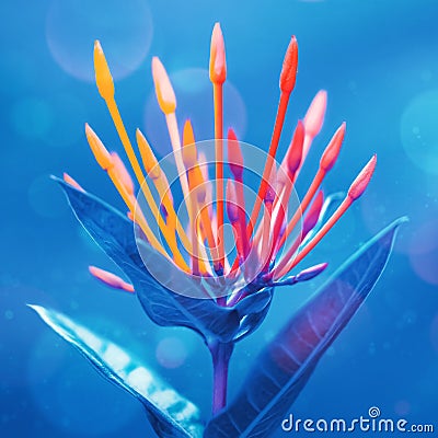 Fabulous amazing bright red and yellow tropical buds and flowers on a blue background in the rays of light. Stock Photo