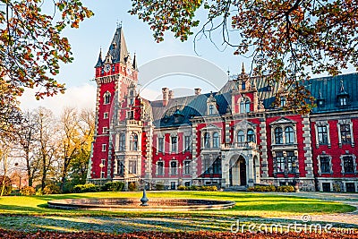 Fabulous autumn scene of Palace in Plawniowice. Colorful morning landscape of Upper Silesia, Poland. Traveling concept background Stock Photo