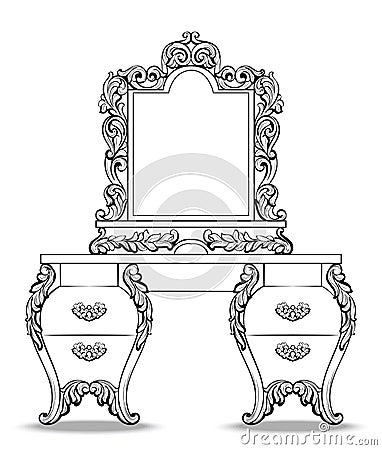 Fabulous Baroque Console Table and Mirror frame set. Vector French Luxury rich carved ornaments. Victorian wealthy Style Vector Illustration